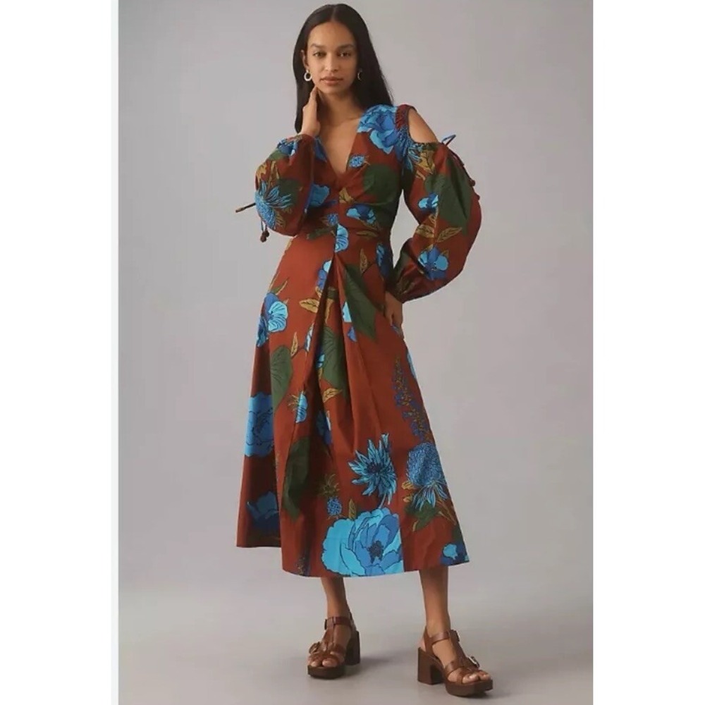 NEWFarm Rio Maxi Long Sleeve V Neck Dress Sz XS Floral Cold Sholder Boho Casual - Picture 1 of 14